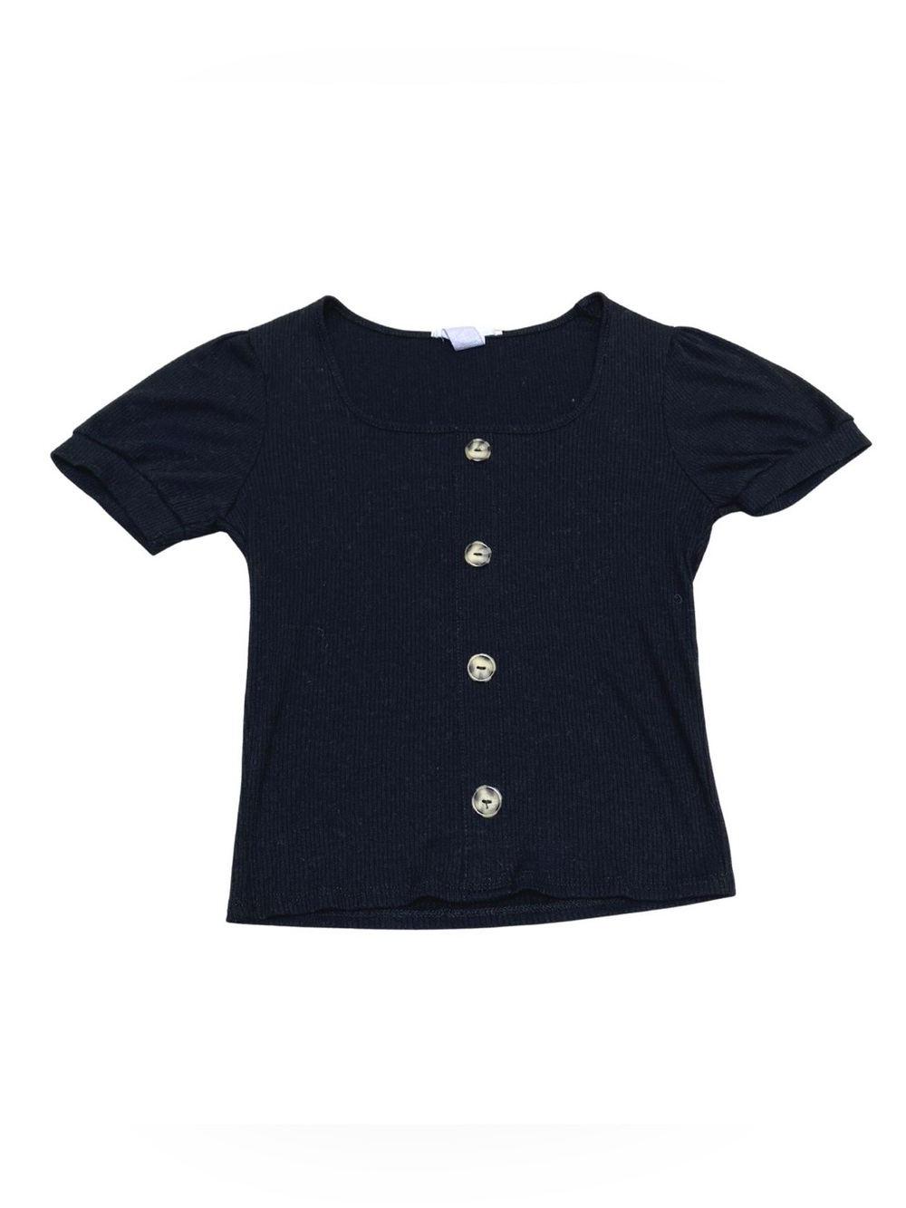Black Ribbed Knit Short Puff Sleeve Crop Trop Shirt Button Up Women Medium Chic